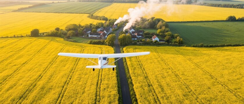 Aerial view of a small plane flying over vibrant yellow fields near a rural village