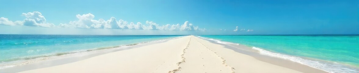 Obraz premium Serene Deserted Beach Expansive Turquoise Waters and Soft Sand Under a Vast Clear Sky, Perfect for Relaxation and Contemplation