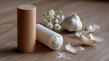 Wooden garlic press crushing clove on wood table