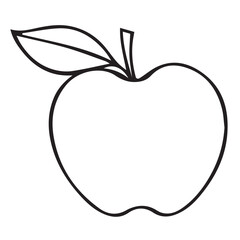 Simple black outline drawing of a single apple with a stem and a leaf on a white background