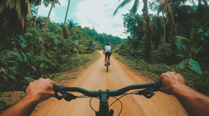 first persdon view riding a mountain bike on the road