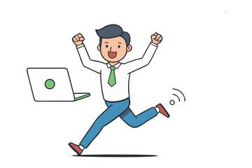 Digital Triumph: An elated figure celebrates a digital victory, exuding triumph and excitement alongside a modern laptop, symbolizing success in the digital realm.