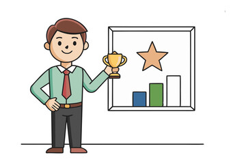 Illustration of Triumph: A professional proudly displays a golden trophy, celebrating their achievements in front of a visual representation of success. Capturing the essence of ambition, achievement.