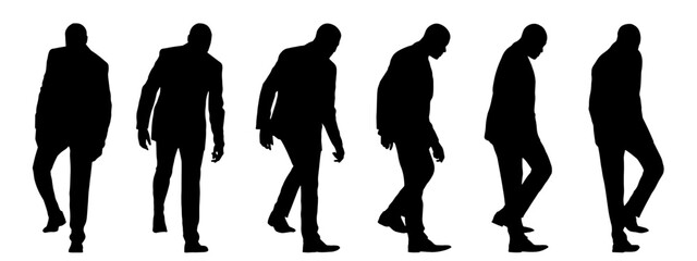 Vector concept conceptual black silhouette of a businessman from different perspectives isolated on white background. A metaphor for success, education, business, confidence, leadership and vision