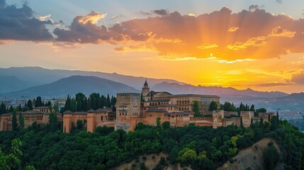 Obraz premium Sunset over Alhambra with people visiting
