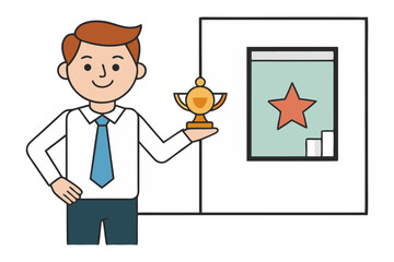 Businessman Holding Award: A happy businessman in a simple, clean style illustration holds a golden award trophy, standing proudly in front of a display showing a star.