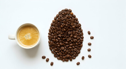 Coffee beans arranged as egg shape next to cup of espresso