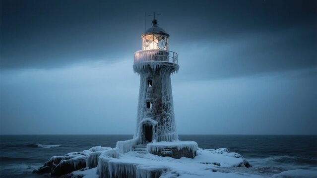 Illuminated Lighthouse on a Snow-Covered Rocky Shore Under a Stormy Sky