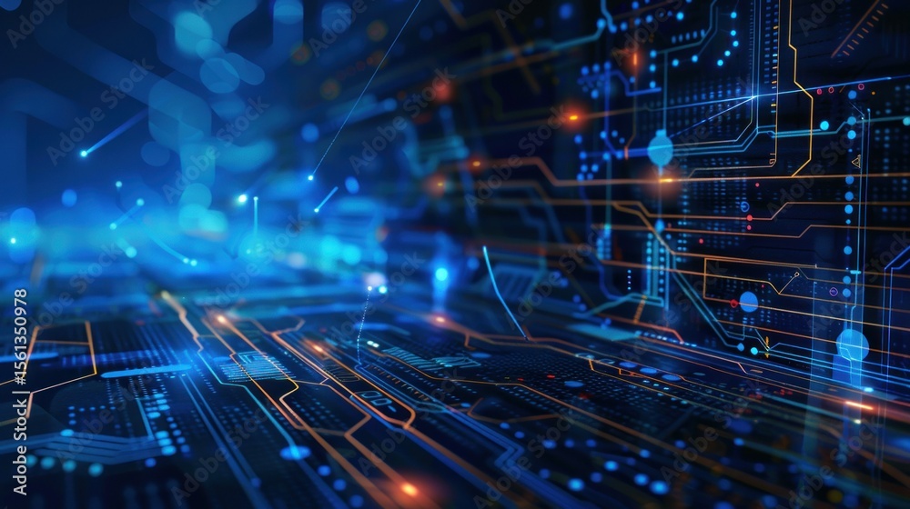 Poster Futuristic tech background with circuit board patterns and data flow