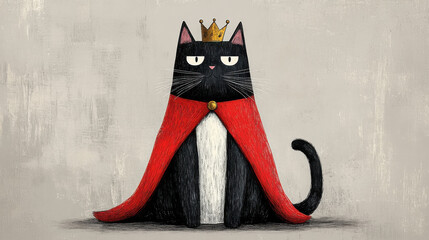 Regal black cat wearing golden crown and red cape sits majestically, exuding air of authority and elegance. illustration combines whimsy and charm, capturing cat royal demeanor