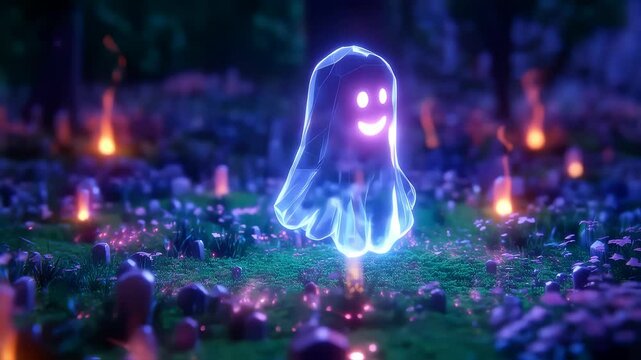 Glowing ghost floating through digital graveyard