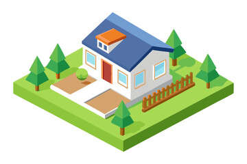 Simple Line Art of Cottage House with Trees and Garden Viewed from Top