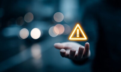 A person touches a glowing holographic warning sign with an exclamation mark.