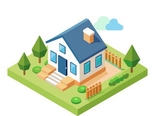 Flat Design Country House with Trees and Lawn in White Background Style