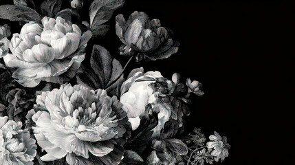 Vintage White Flower Illustration on Black Background with Copy Space