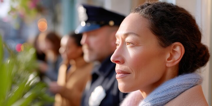 Thoughtful hispanic woman in city setting with policeman and diverse adults in background