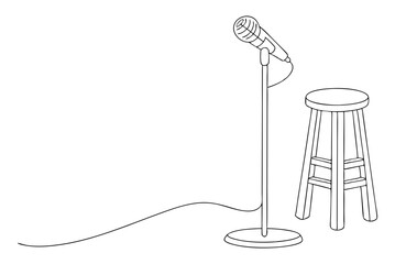Sketch of Microphone and Stool on Stage Stand in Black Line Art