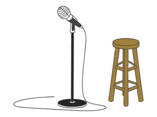 Stage Setup with Mic and Stool in Line Style Illustration