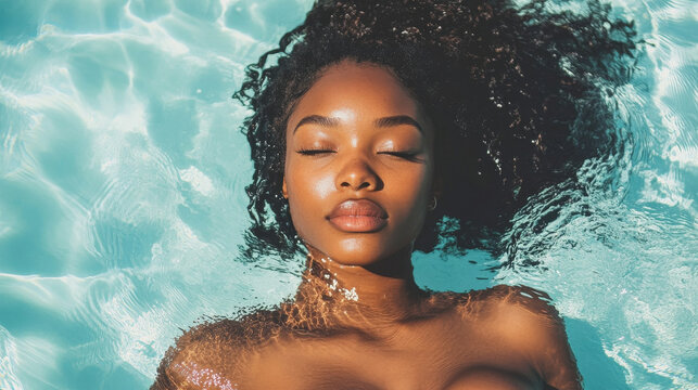 top view of a black woman in a swimming pool of a resort --ar 16:9 --v 6.1 Job ID: 6530d172-28a7-48c0-a5fc-cfedb43252a7
