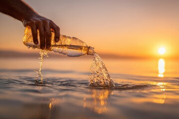Fototapeta premium Plastic water bottle emptying into ocean at sunrise