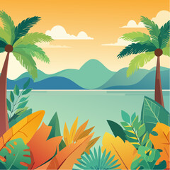 Obraz premium Stylized illustration of bold tropical plants in vibrant saturated hues