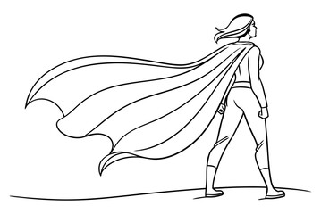 Female Superhero with Cloak in Wind Minimalist Line Drawing Empowerment Art