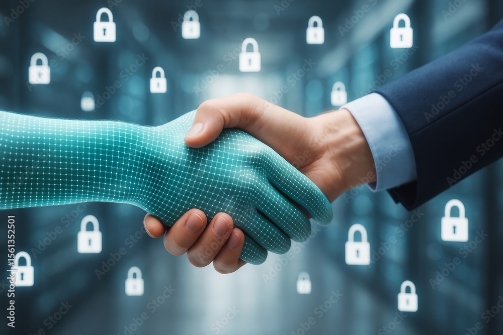 Poster Human and digital handshake symbolizing cybersecurity partnership on abstract technology background with floating padlock icons and soft light effects.