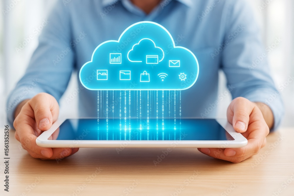 Poster Man holding tablet with glowing cloud computing icons and data transfer concept in modern tech environment on light background.