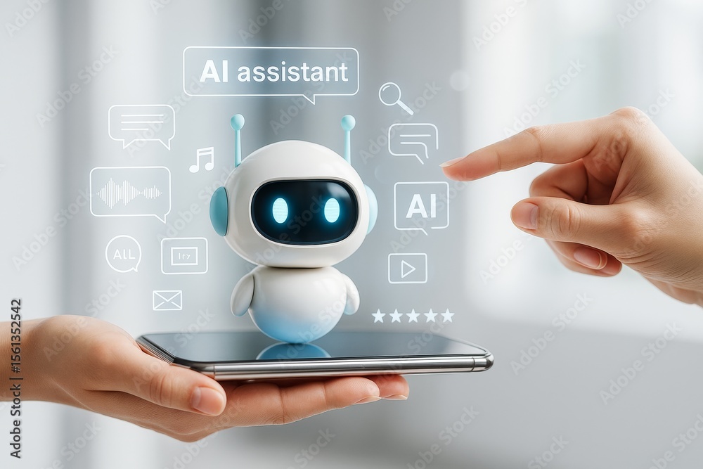 Poster Cute AI assistant robot on smartphone displaying digital interface icons with human interaction on light technology background. Ai generative.
