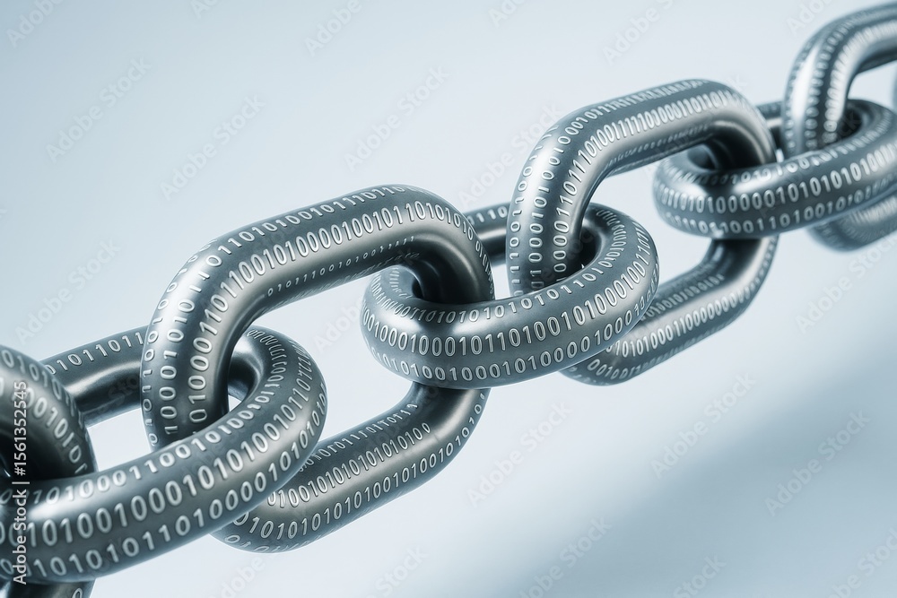 Aufkleber Metallic chain links with binary code symbols representing blockchain and digital security on light background in tech style. Ai generative.
