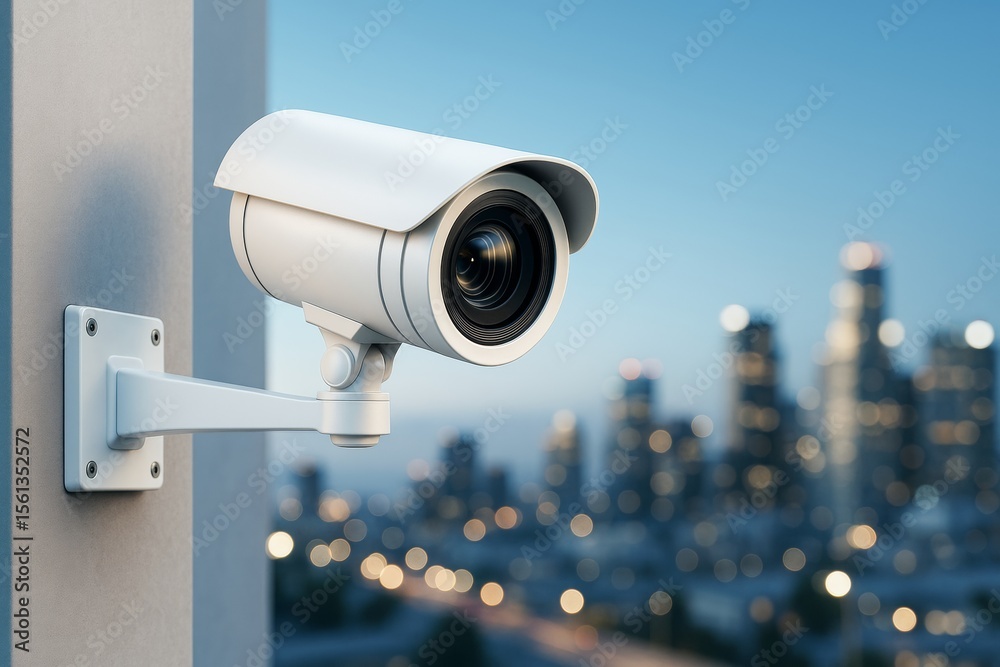 Poster surveillance camera on wall with blurred cityscape in background during evening light, showing moder