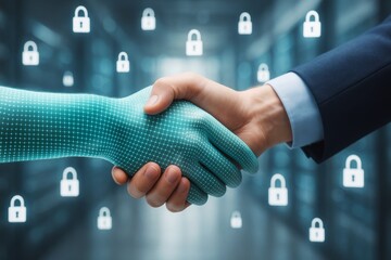 Human and digital handshake symbolizing cybersecurity partnership on abstract technology background with floating padlock icons and soft light effects.