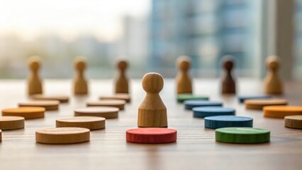 Defocused flatlay of diverse wooden tokens illustrating corporate planning for leadership transition
