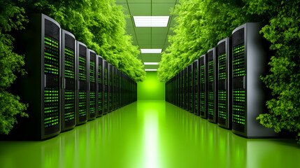 A data center with racks of energy-efficient servers, surrounded by indoor trees and plants, creating a serene and sustainable environment that reflects the future of green