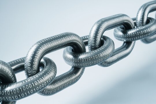 Metallic chain links with binary code symbols representing blockchain and digital security on light background in tech style. Ai generative. - Powered by Adobe