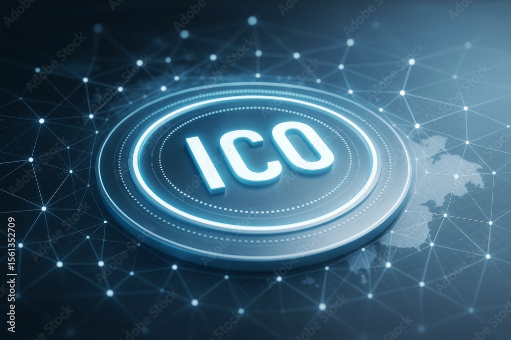 Poster ico glowing digital sign with futuristic network connections on blue tech background symbolizing cry