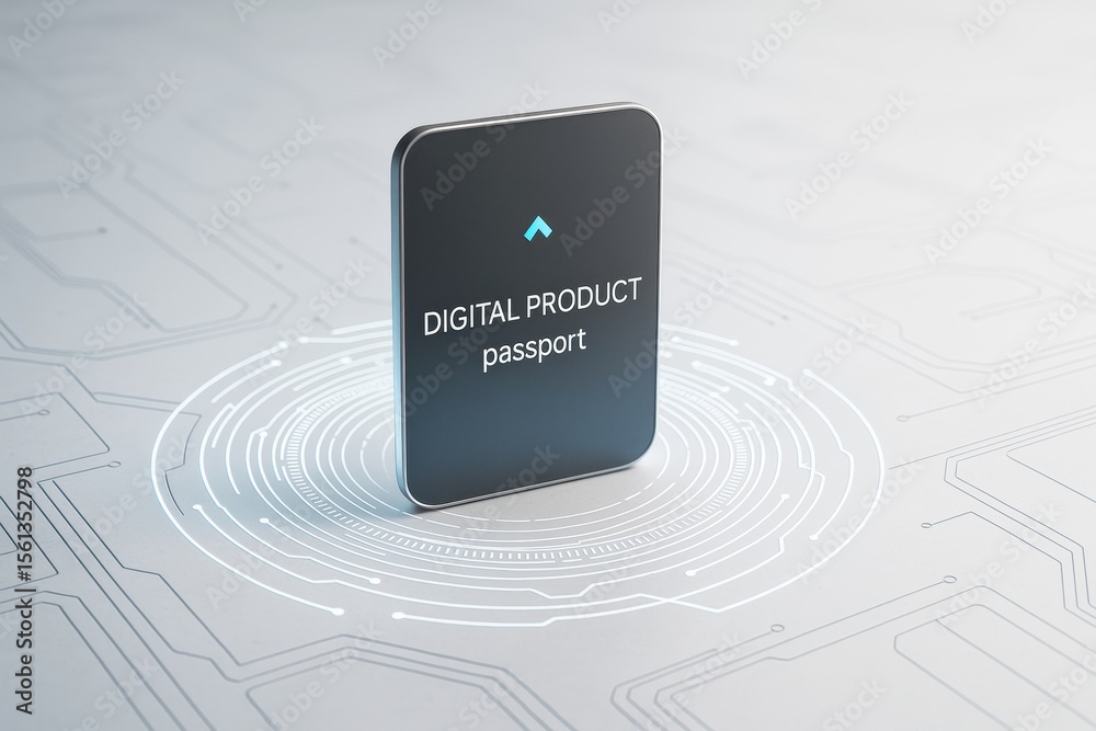 Poster Digital product passport concept standing on futuristic light tech circuit background with abstract interface elements and business theme focus.