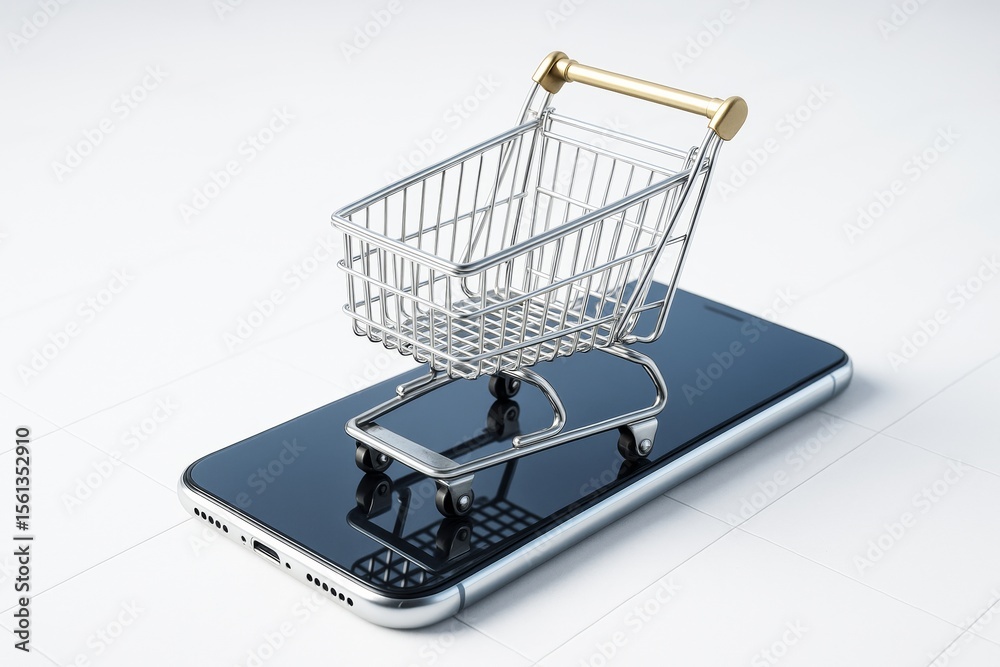 Aufkleber shopping cart on smartphone representing e-commerce and digital retail on light abstract background 