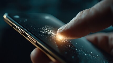 Close Up of Finger Touching Glowing Fingerprint on Smartphone Screen in Dark Background