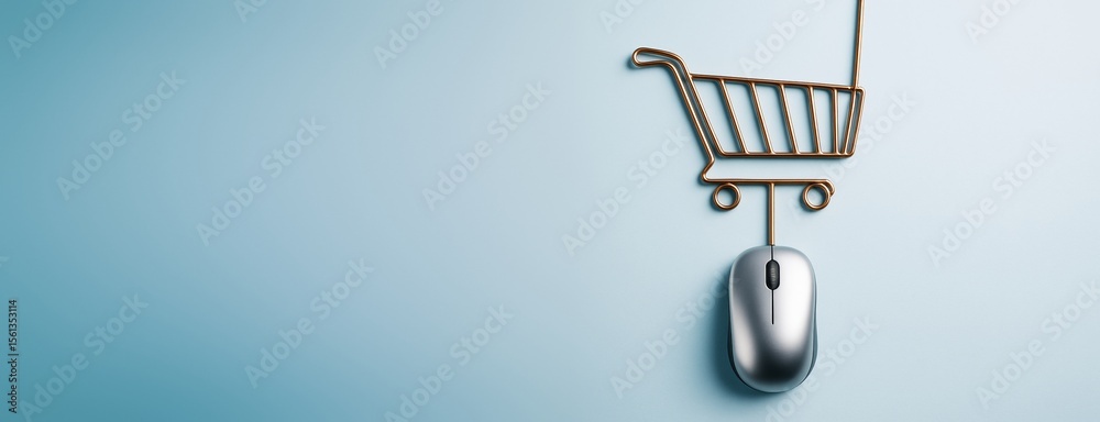 Poster computer mouse connected to shopping cart icon on blue background symbolizing online shopping and di