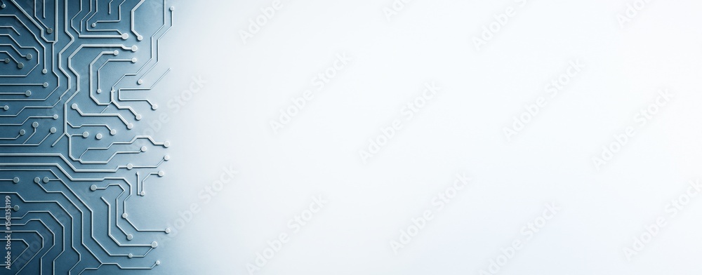 Poster Abstract blue circuit board design on left side with clean white light background for technology concept, poster template or tech promotion mockup.
