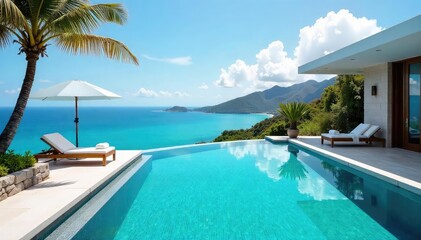 Fototapeta premium Luxurious Modern Hotel Infinity Pool Panoramic Views, Peaceful Vacation Getaway