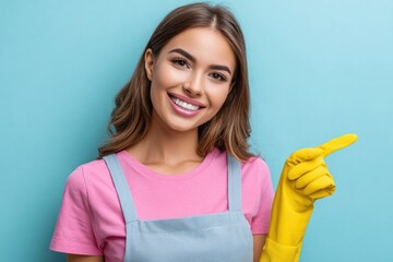 A young woman wearing an apron and yellow rubber gloves for cleaning, pointing to the right side with her finger on a blue background