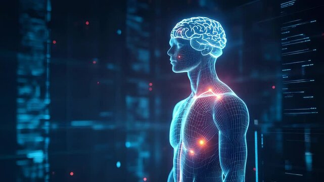 Futuristic medical visual of brain signaling skin receptors using animated light pulses on 3D transparent human outline - Powered by Adobe