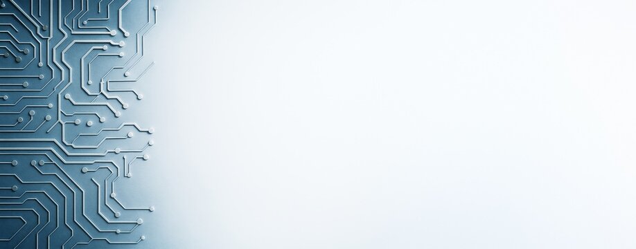 Abstract blue circuit board design on left side with clean white light background for technology concept, poster template or tech promotion mockup.