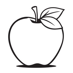 Simple black and white outline drawing of a ripe apple with two leaves and a stem on a white background
