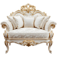 Luxurious ornate white and gold armchair with plush cushions and intricate carvings isolated on transparent background