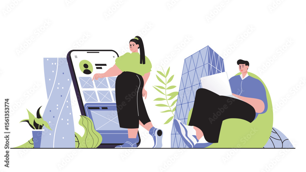 Poster App development concept for modern web design. People creating mobile application, building interface, making optimization on phone display. Flat vector illustration isolated on white background.