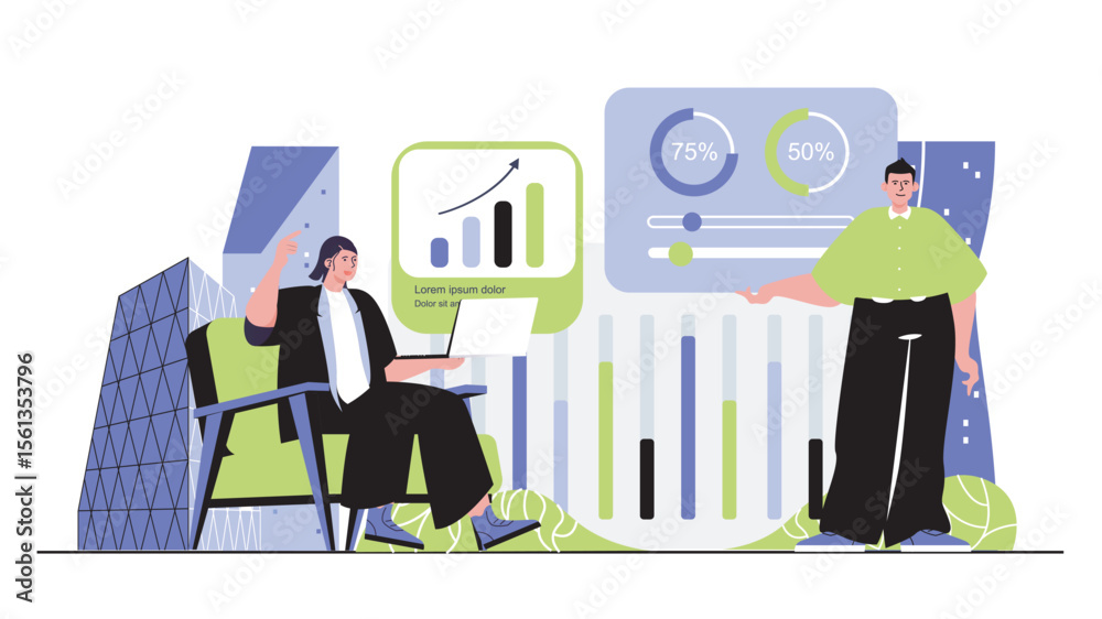 Poster business activities concept for modern web design. people developing company in team, analyzing data