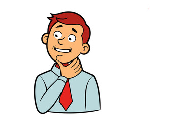 Thinking Man: A man with red hair in a blue shirt and red tie with a thoughtful expression.